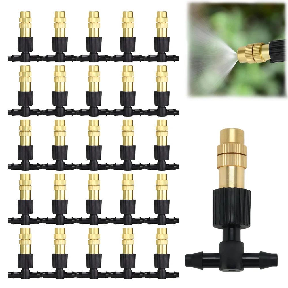 10-100PCS Adjustable Brass Spray Nozzles with 1/4” Tee Joint for Garden Greenhouse Lawn 4/7mm Hose Misting Watering Sprinkler