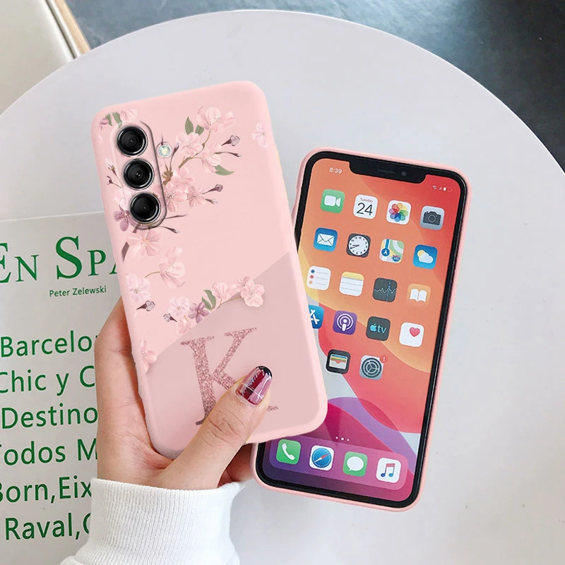 Initial Letter A Z Case For Samsung Galaxy A54 A55 A56 A06 Cover Pink Flowers Soft Silicone Back Funda Coque Bumper Couple Bags