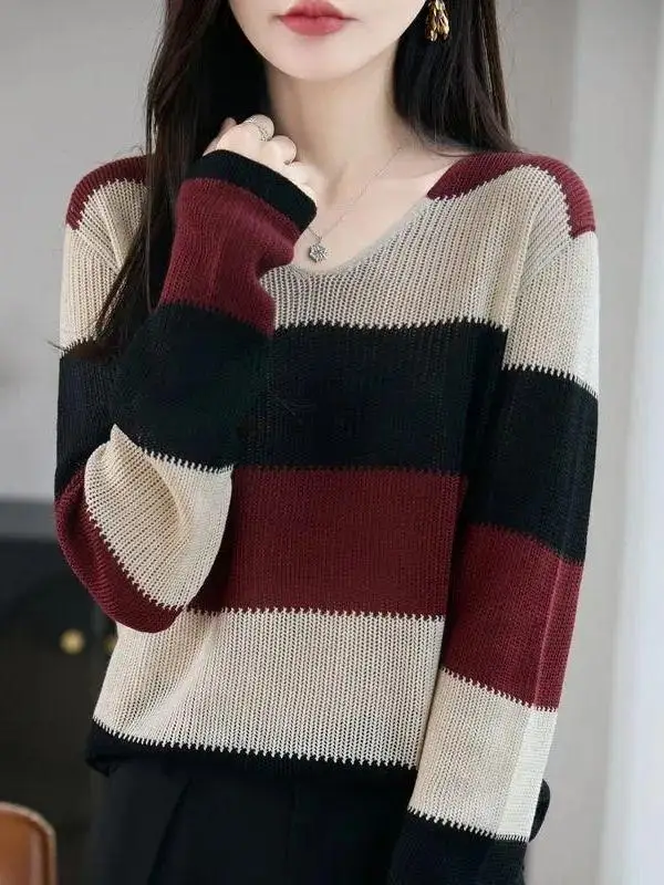 

Autumn Winter V-Neck Knitted Base Shirt Women's Lazy Striped Anti-Aging Loose Sweater Inner Wear Casual Style Soft Fabric