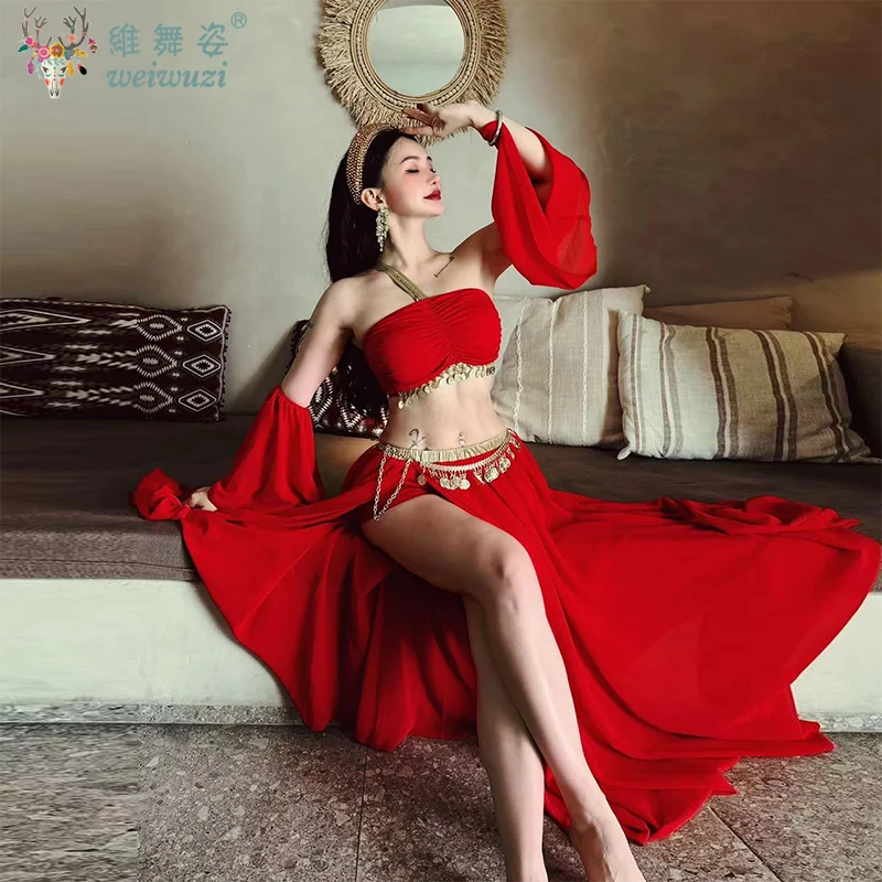 

Belly Dance Practice Set for Women Sleeveless Top+Sexy Split Long Skirt +sleeves Adult Oriental Dance Performance Costumes