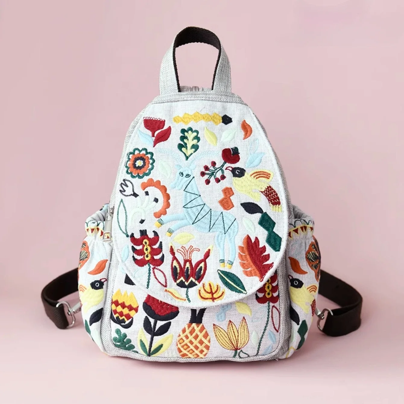 Vintage Embroidered Ethnic Style Backpack for Women, Multi-layer Pockets and Flap Design, Fashionable and Practical