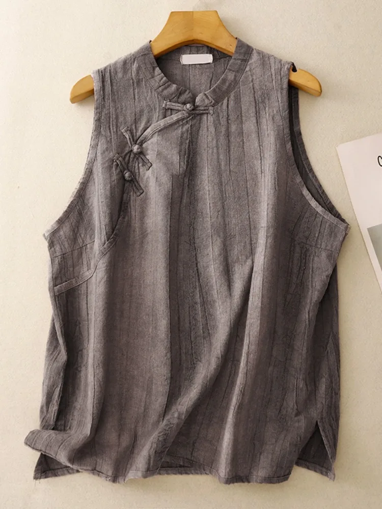 夏用コットンリネン染めベスト レディース チャイニーズスタイル 国風 スタンドカラー トップス リネン 快適 多用途 ベスト