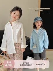 Abbigliamento per bambini camicia con risvolto da ragazza a maniche lunghe 2024 primavera nuovo bambino coreano tinta unita elegante top