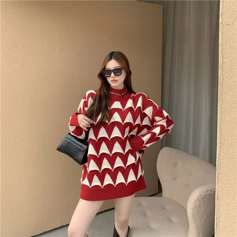 

Жаккардовые вязаные свитера для женщин с красными рукавами, зима 2024, распродажа модной одежды, корейский трендовый стиль, длинный женский пуловер