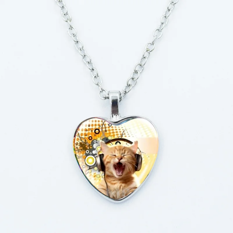 Kreative lustige Katzen-Memes-Herz-Anhänger-Halskette, Tierform, Kunstfoto, Glas-Cabochon-Schmuck, für Kinder und Frauen – Detail 13