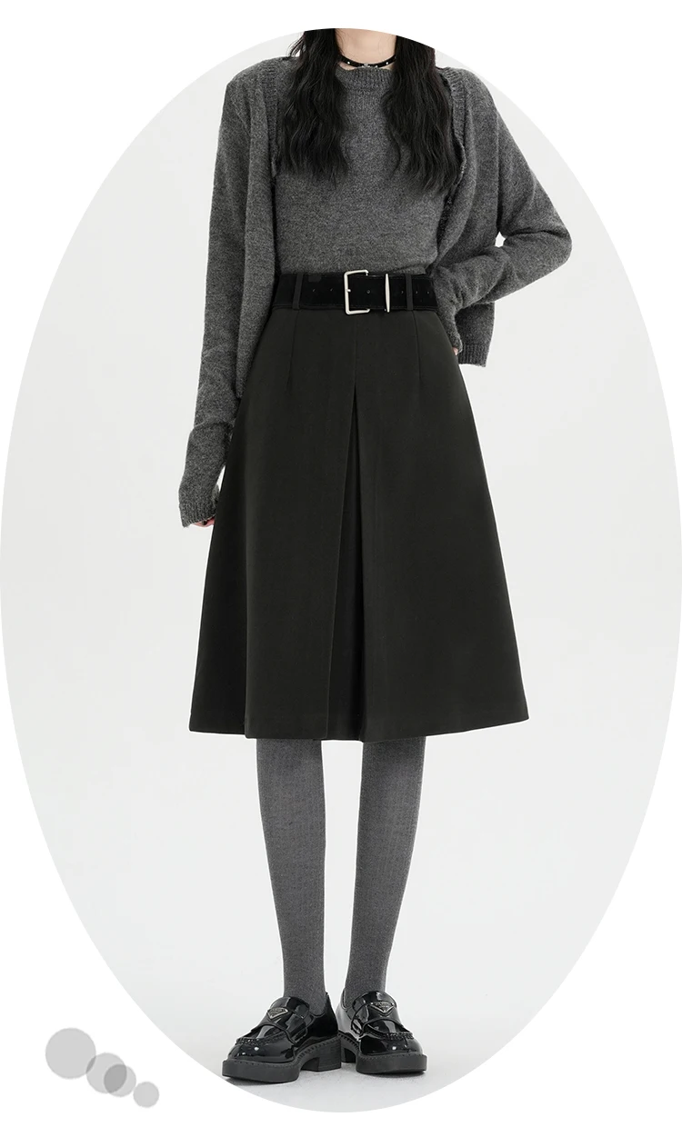 Hochgeschnittener Rock für Damen, Herbst/Winter 2026, Neuheit, Wollrock für Damen, Grau oder Schwarz, A-Linien-Rock für Damen mit Gürtel, Bestseller – Detail 9