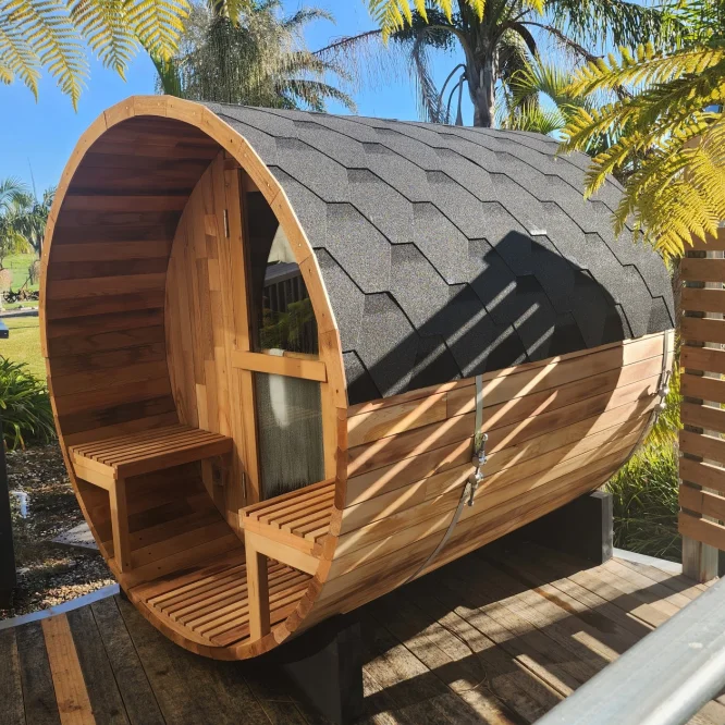 Sauna de barril de madera maciza de cedro rojo para 4 personas, 1800*1800 mm, para exteriores