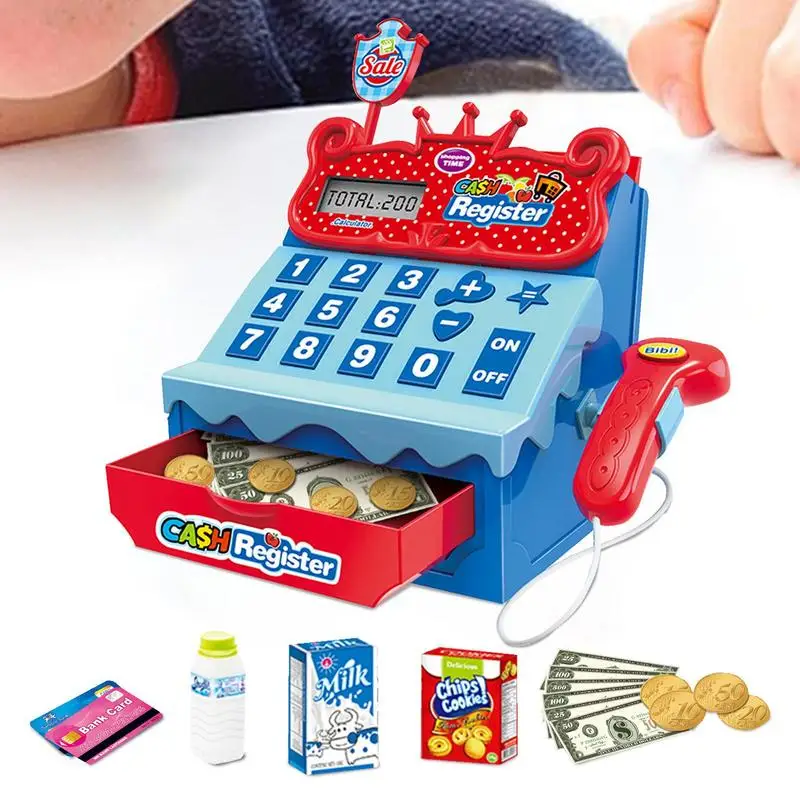 Caja registradora para niños, caja registradora de supermercado, juguete para jugar dinero para aprender, caja registradora de supermercado simulada con escáner