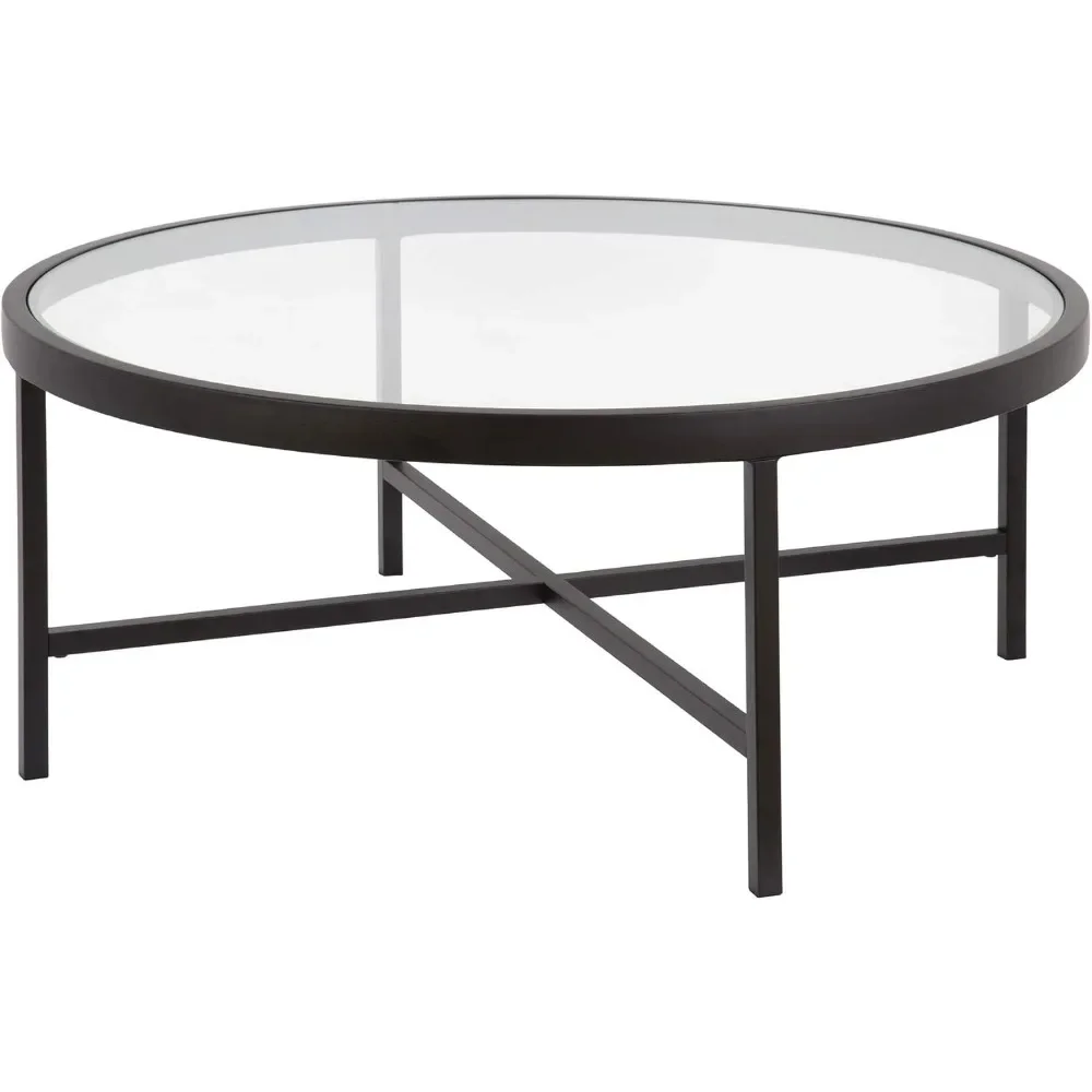 

36" Wide Round Coffee Table with Glass Top in Blackened Bronze, Modern coffee tables for living room studio apartment essentials