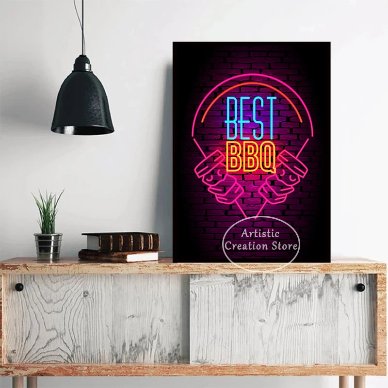 Neon Sign Style Art Poster Steakhouse BBQ Vaporwave Neon Barbecue Print Canvas Wall Pictures Club Restaurant Kitchen Room Decor