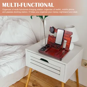 Solid Wood Storage Tray Multi-Functional Desktop Organizer for Phone Watch Wallet Keys Bracelet Holding Station Home Office