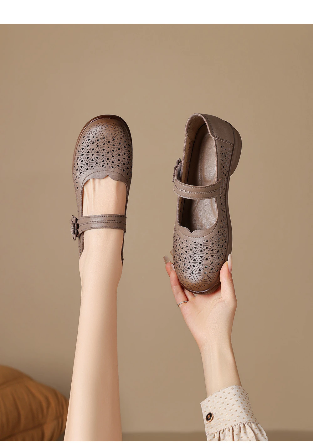 Mary Jane Schuhe in Übergröße 42 für Damen, atmungsaktive Mokassins mit Ausschnitten, florale Einriemen-Slipper mit niedrigem Absatz für lässiges Gehen – Detail 24