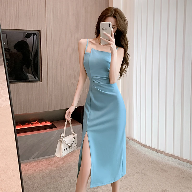 Summer Elegant Party Spaghetti Strap Dresses for Women 2023 New Vintage Sweet Solid Split Chic Sexy Sleeveless Long Short Dress