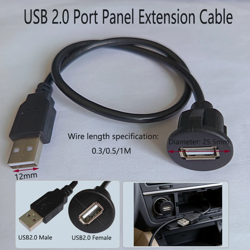 Cabo de Extensão USB 2.0 de 0,3M/0,5M/1M para Painel Automotivo, Conector Macho para Fêmea Embutido, Cabo de Dados e Carregamento