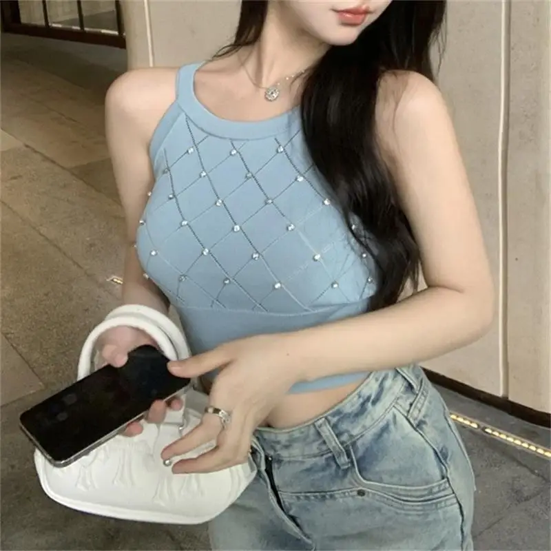 Summer Rhinestone Cami Crop Tank Top Camisole Women\'s Top Elegant Slim Short Tanks Vest Y2k Fashion Streetwear