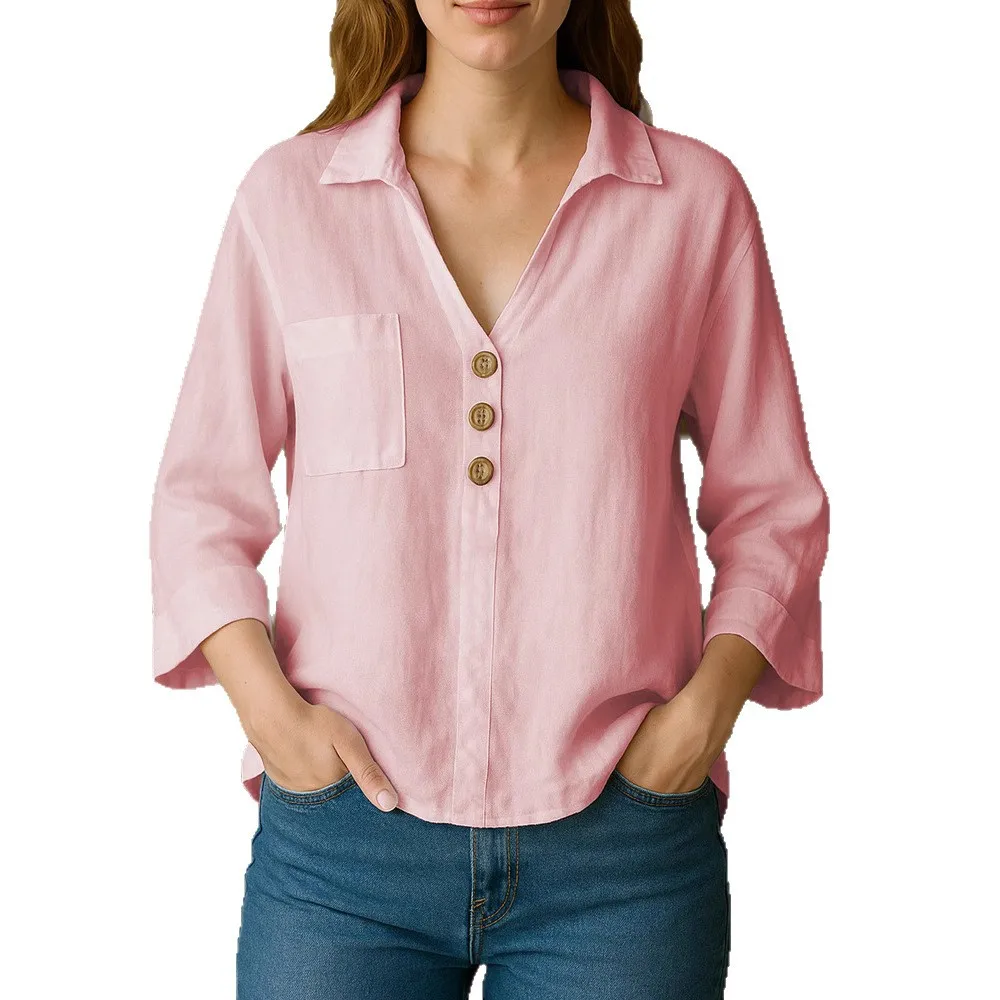

Women's clothing spring and summer lapel solid color loose shirt womens tops
