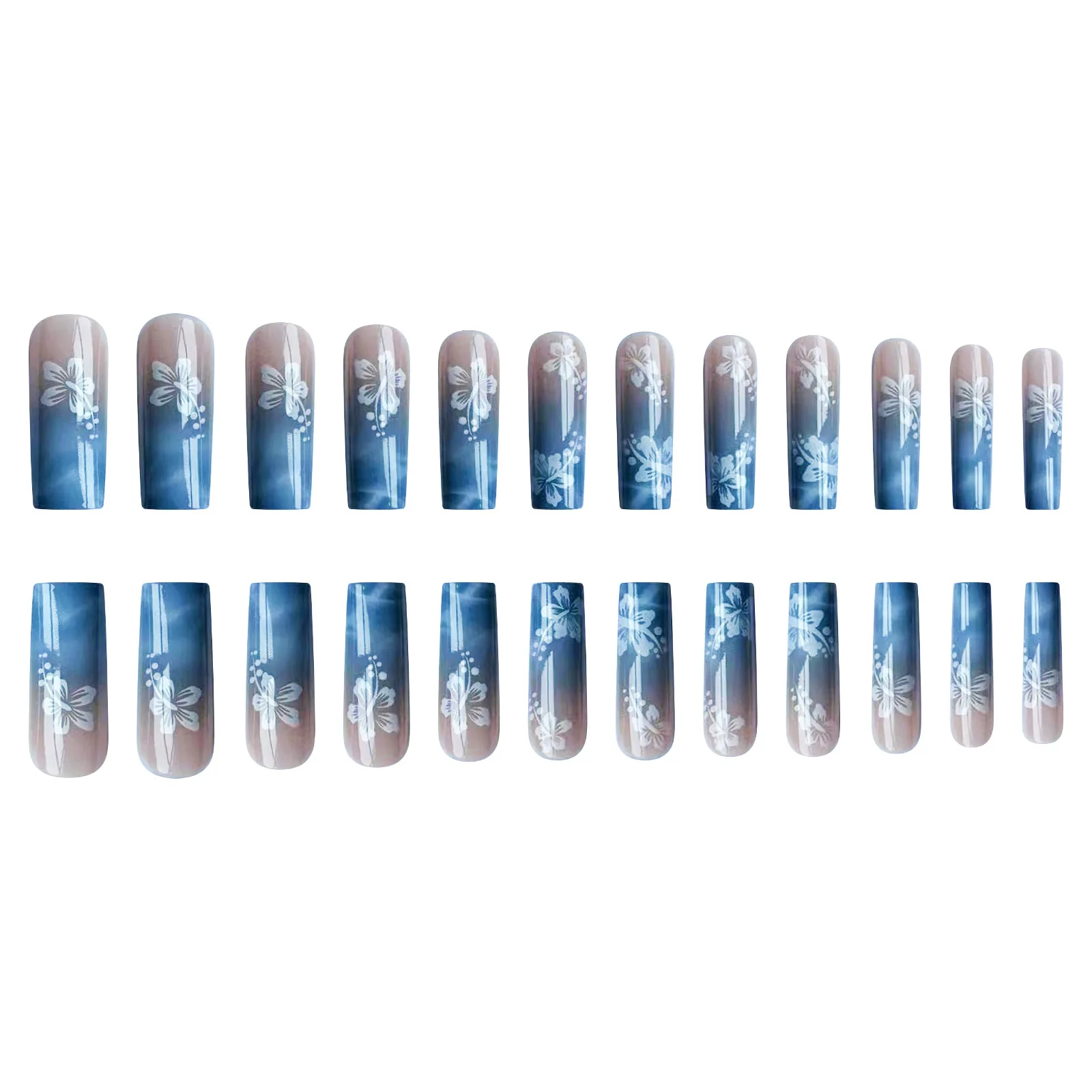 24pcs Y2k Summer Sea Blue Gradient Fake Nails With Water Ripples Designs Long Square Coffin False Nails Set Press On Nail Tips