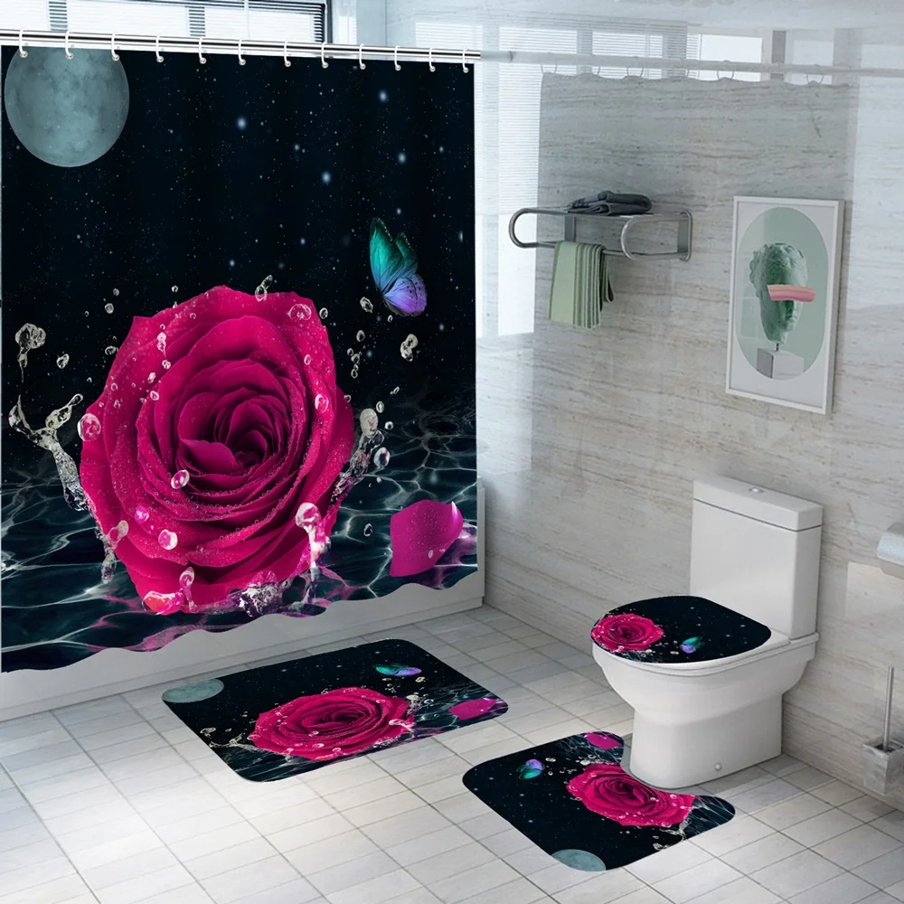 Vintage Colorful Rainbow Rose Shower Curtain Sets Flower Floral Art Bathroom Decor Curtains Non-slip Rug Bath Mats Toilet Cover