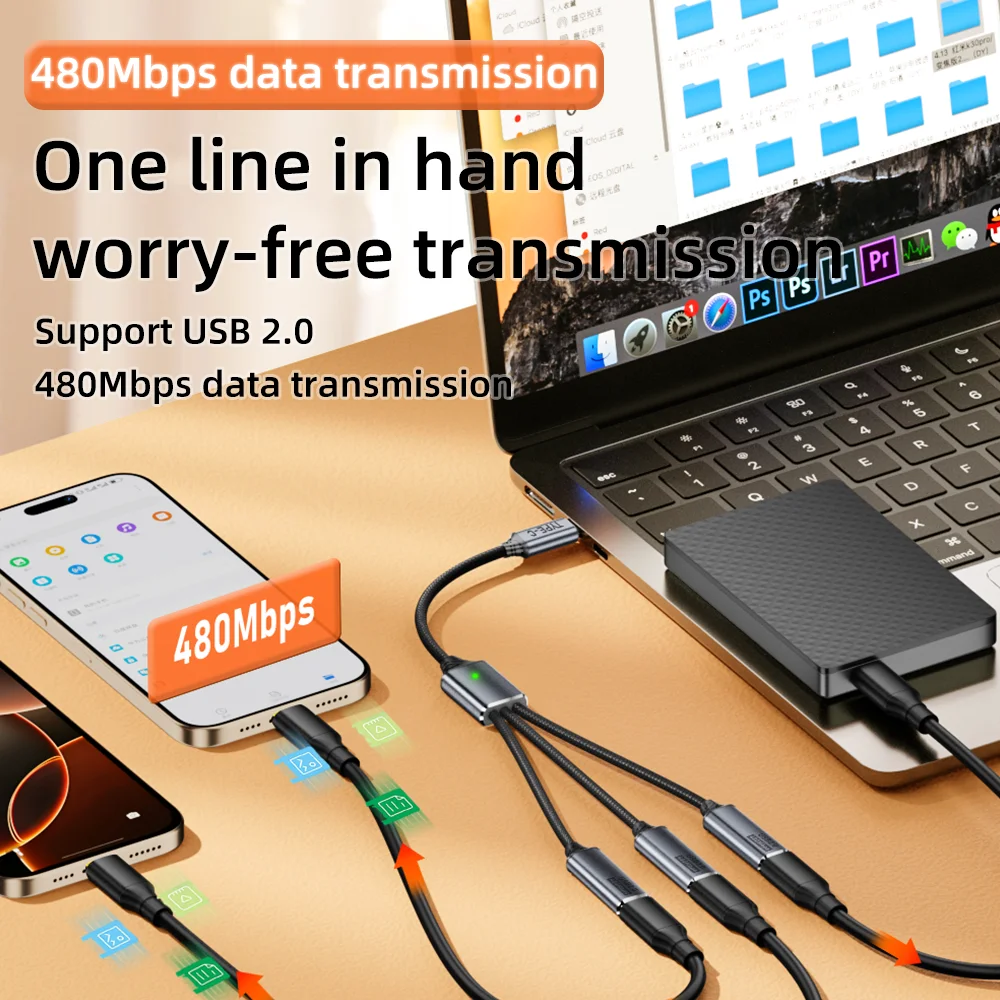 3 in 1 USB A and C Splitter HUB Extension Cable Multi Port Expander OTG Adapter for Phone Tablet Fast Charging Data Sync