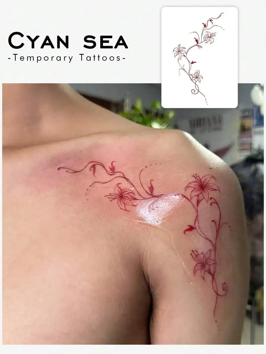 

1pc East Asian Art Style Red Flower Temporary Tattoo Sticker, Waterproof, Sweatproof, Disposable Use, Arm/Back Adhesive, Suitabl