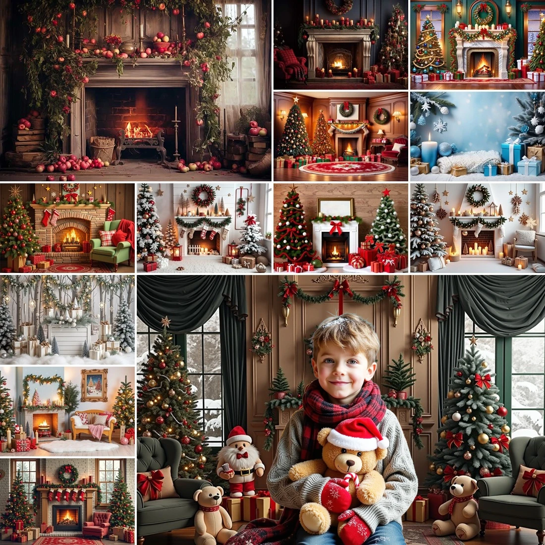 

MOON.QG 2026 Christmas Background Baubles Wreath Wood Fireplace Photography Backdrop Photo Wallpaper Party Decoration Custom