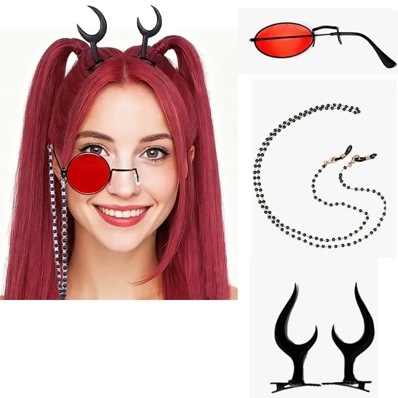 2/3 pçs personagem adulto óculos monoculares vermelhos e correntes de óculos alastor chifres clipe adereços ao ar livre trajes acessórios de halloween