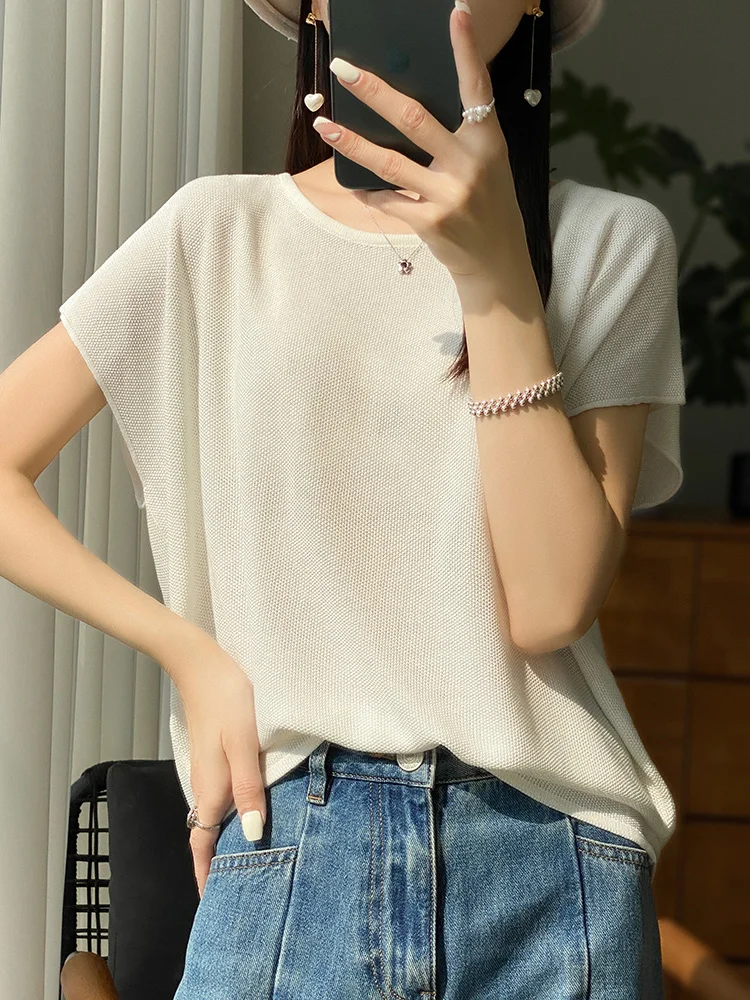 Oversize Women\'s T-Shirts Ice Silk Coolness Solid Tops Loose O-Neck Pullovers Short Sleeves Spring Summer Fashion Elegant Casual