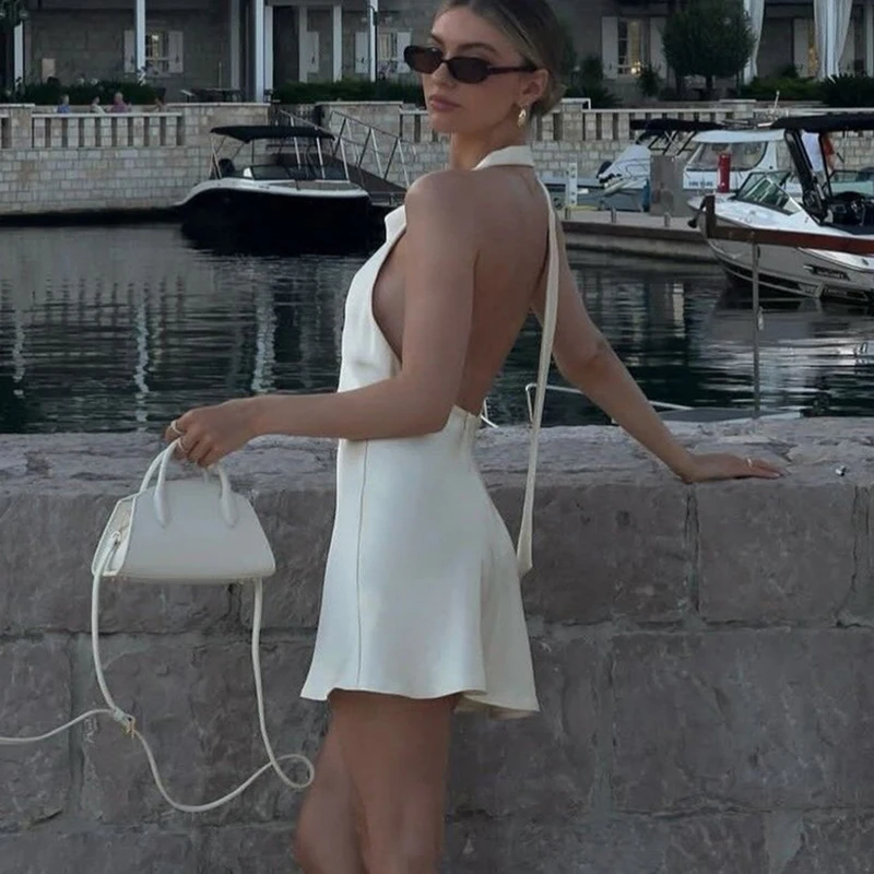 White Halter Backless Dresses Spring Women Sleeveless Satin Lace Up Dress Autumn High Waist Zipper Slim Neck Mounted Mini Dres