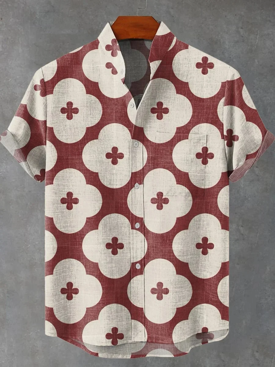 New Hawaiian Shirt Men's 3D Four-Leaf Clover Print High Quality Casual Linen Stand Collar Fashion Short Sleeve Shirt