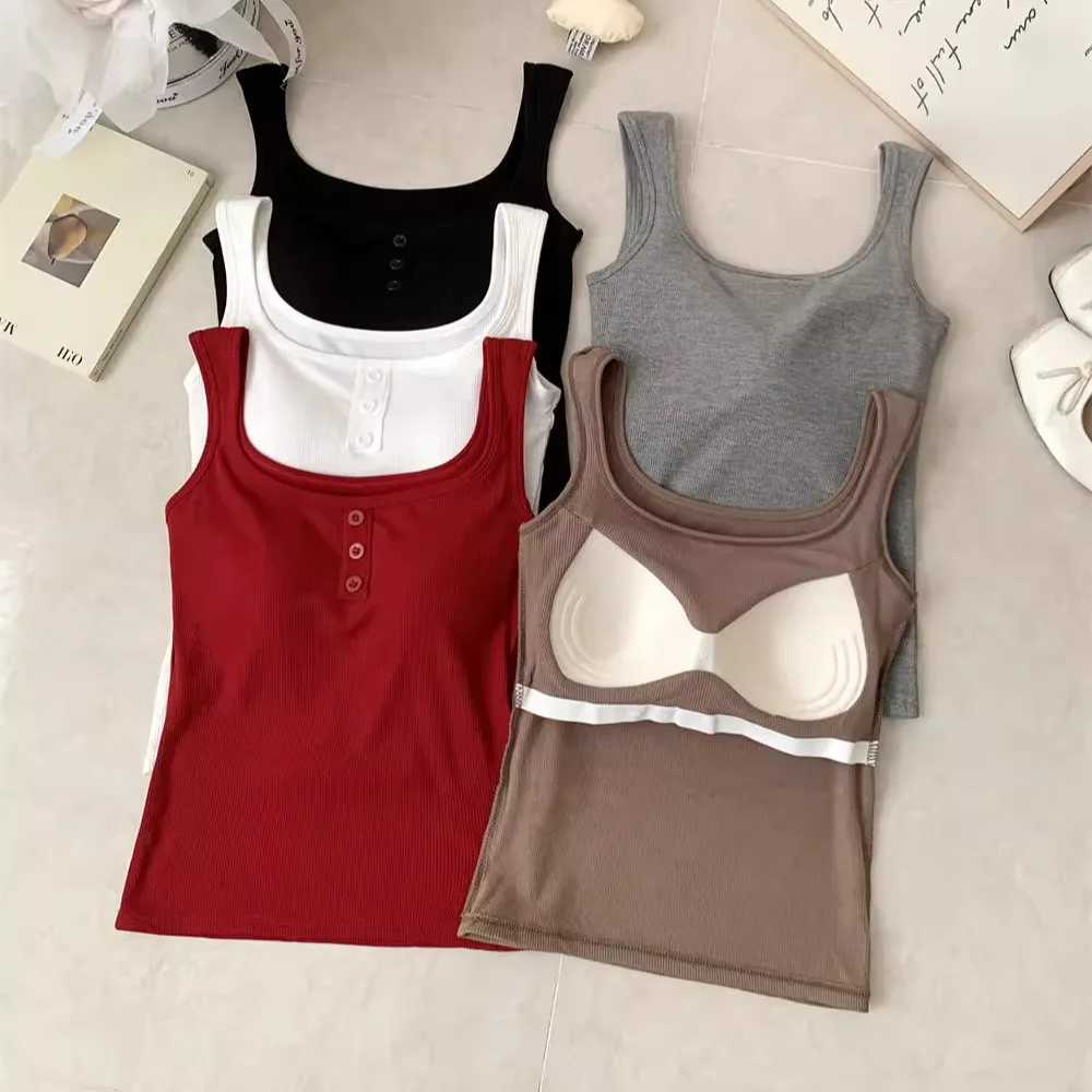 Pure Desire Autumn New Style Women's Slim Fit Warm Fleece Vest Square Collar Fixed Strap Chest Pad Versatile Top