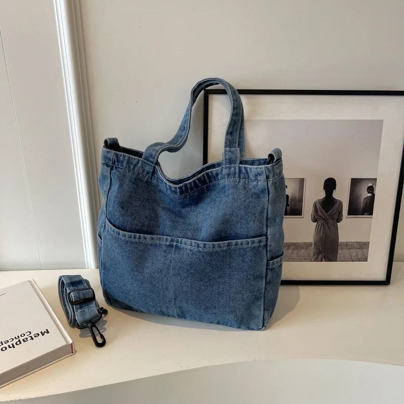 Borse di tela da uomo e da donna multi tasca di grande capacità in denim tinta unita, borsa a tracolla a spalla singola per pendolarismo, college st