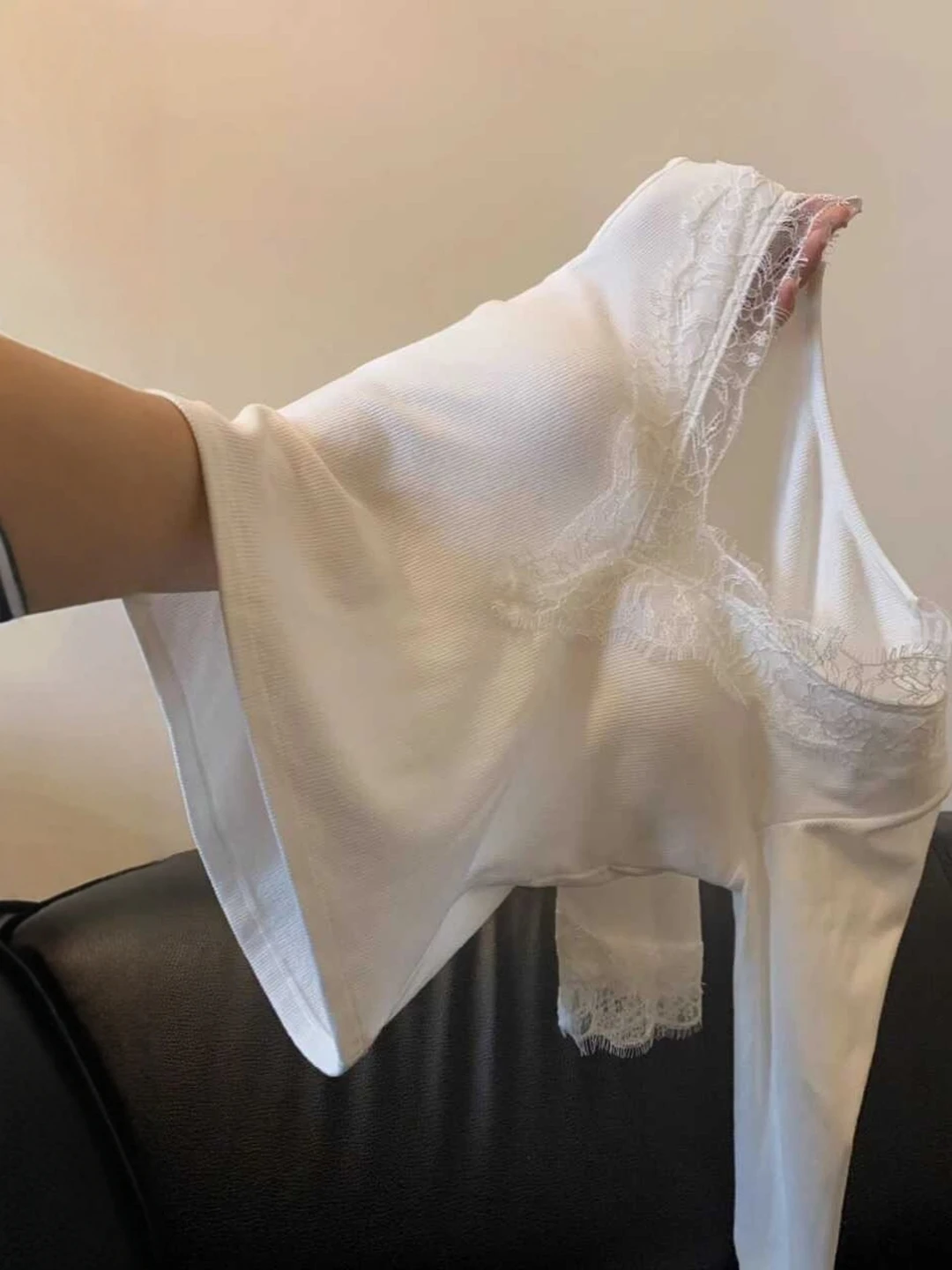 

Футболка French Sle с кружевной отделкой V-Ne Long Sve, женская футболка больших размеров, повседневная одежда, цвет осень-зима