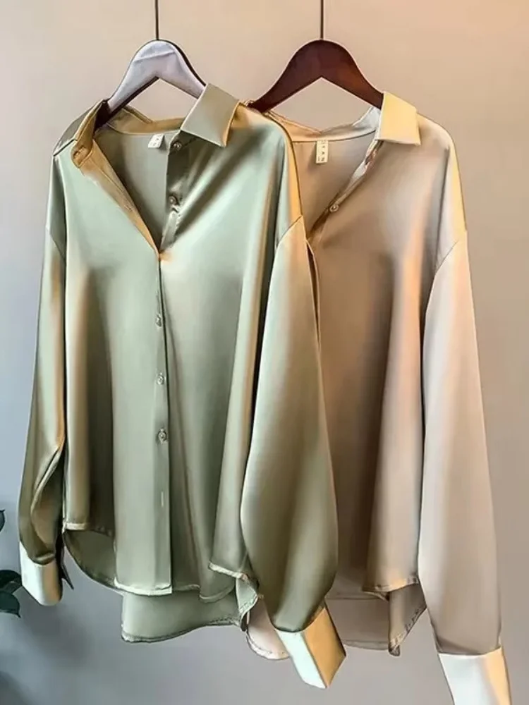 2026 Elegant Satin Loose Women Shirt Spring Turn-down Collar Ladies Blouse Autumn Vintage Casual Button Silk Tops