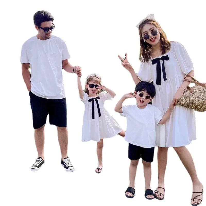 Summer Family Matching Outfits Mother Daughter Pure White Fashion Dresses Dad Son T-Shirt Holiday Seaside Couple Clothing Set