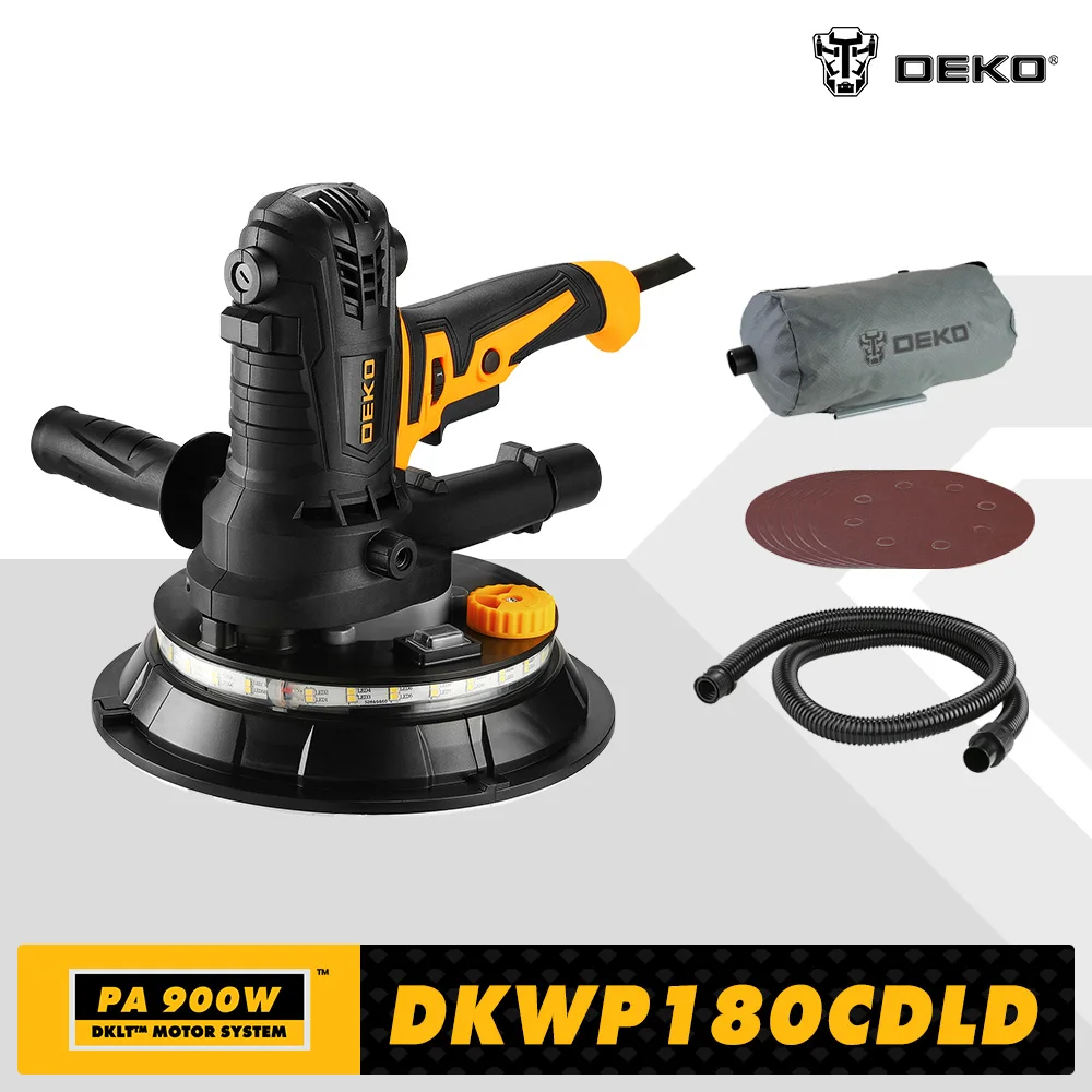 Deko dkwp180cdld/dkwp180cd 900w máquina de polimento portátil de moedura da lixadeira drywall com lixa conduziu a luz e o saco de clooect da poeira