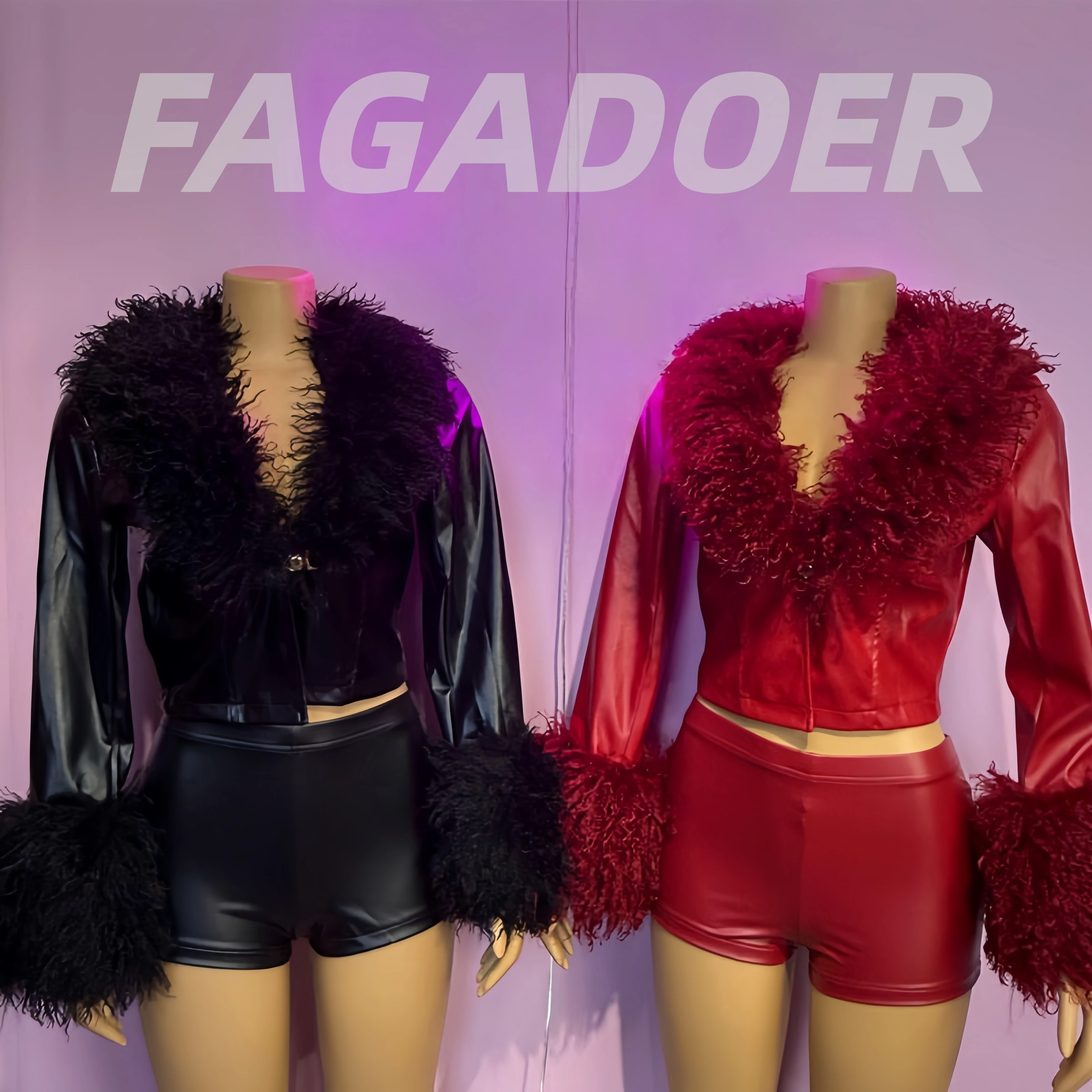 

FAGADOER Fashion Fur Patchwork Two Piece Outfits Woman Solid Color V-neck Crop Top and Shorts Matching Female Streetwear Winter
