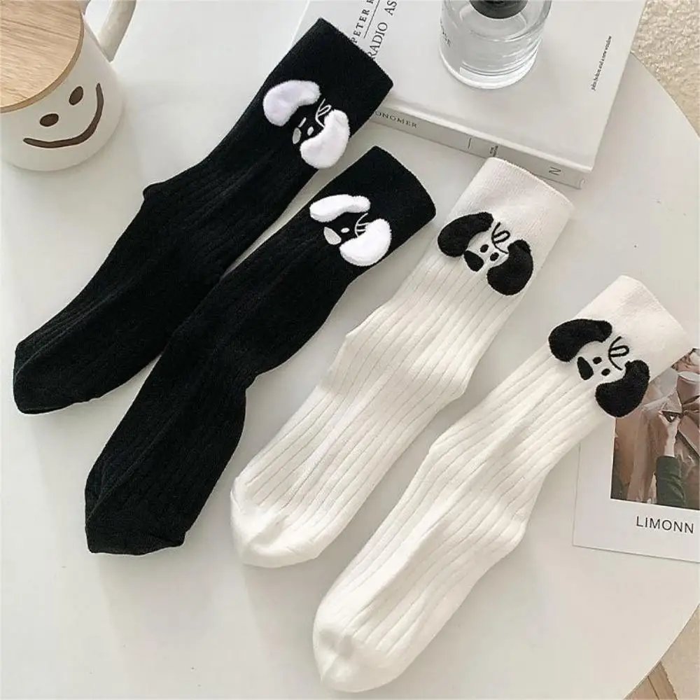 2pairs Cute Funny Cartoon Dog Ear Socks for Women Black White Cotton Breathable Soft Comfortable Middle Tube Socks