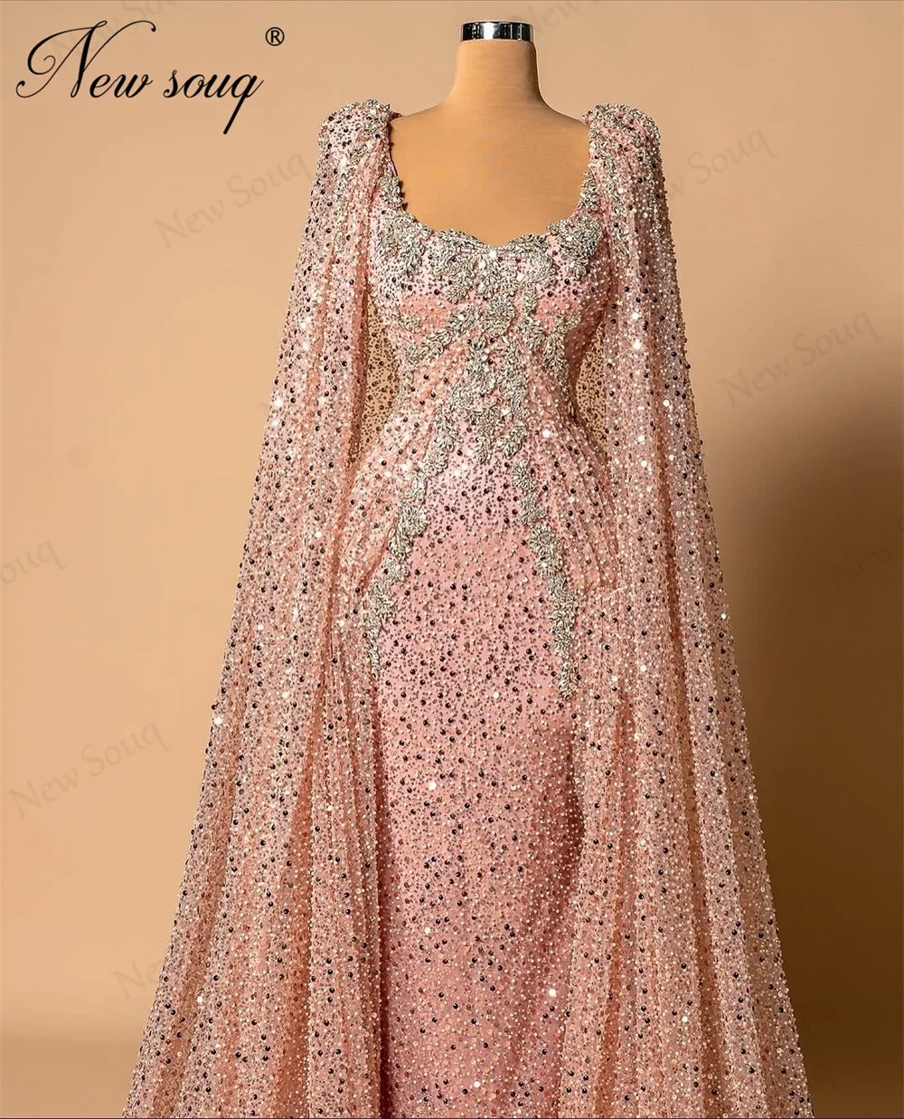 

Elegant Middle East Pink Sequins Evening Dresses Arabic Beading Long Wedding Party Gowns Prom Dress Robes De Soirée Customized