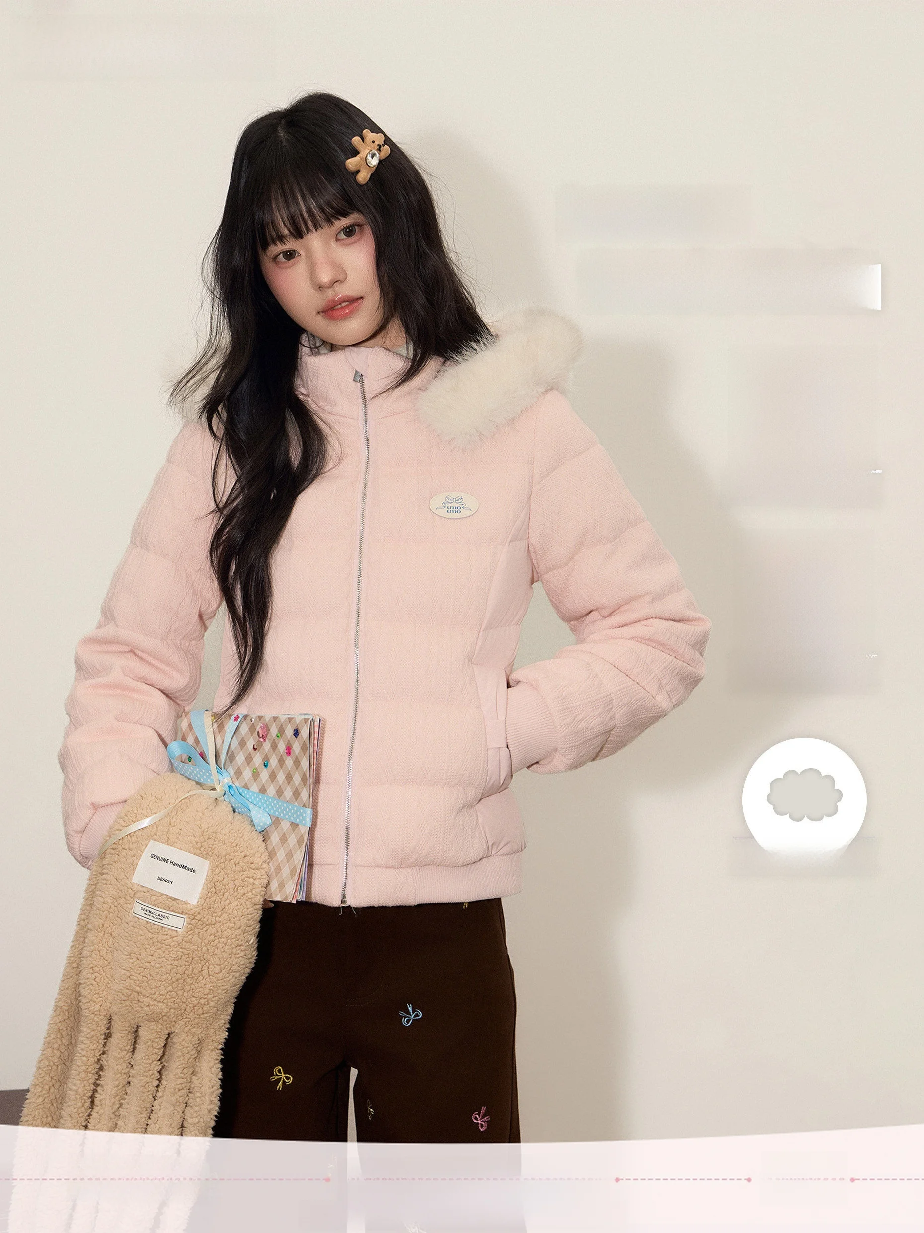 

Umoumo Women's Puffer Jaet 90% White Du down Hooded Waist-Cinching Knitted Splicing Faion Gentle Sle with Fur Collar