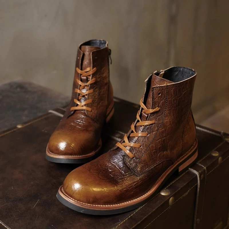 

American Retro British Style Men Chelsea Leather Boots Handmade Lace Up High Top Side Zipper Motorcycle Ankle Boots Male Shoes