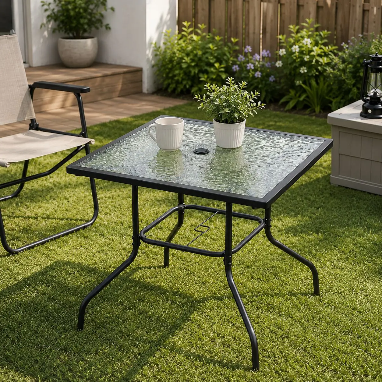 Direct Outdoor Patio Dining Table Tempered Glass With Umbrella Hole Heavy Duty Steel Frame