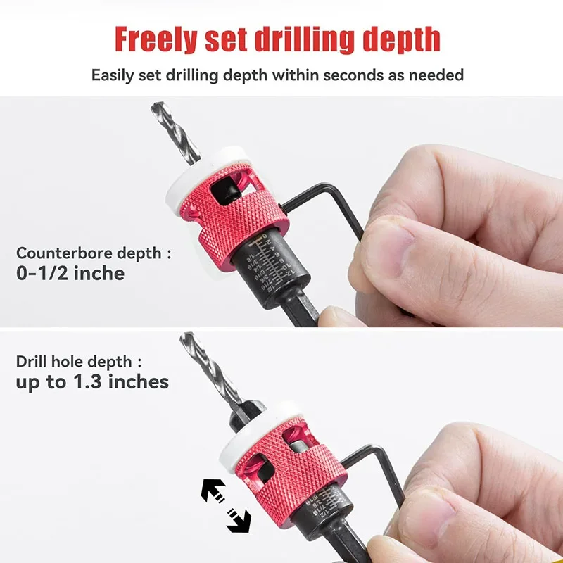 5PCS Countersink Drill Bit Set With Low Friction Depth Stop HSS M2 Bits Tapered Head11/64