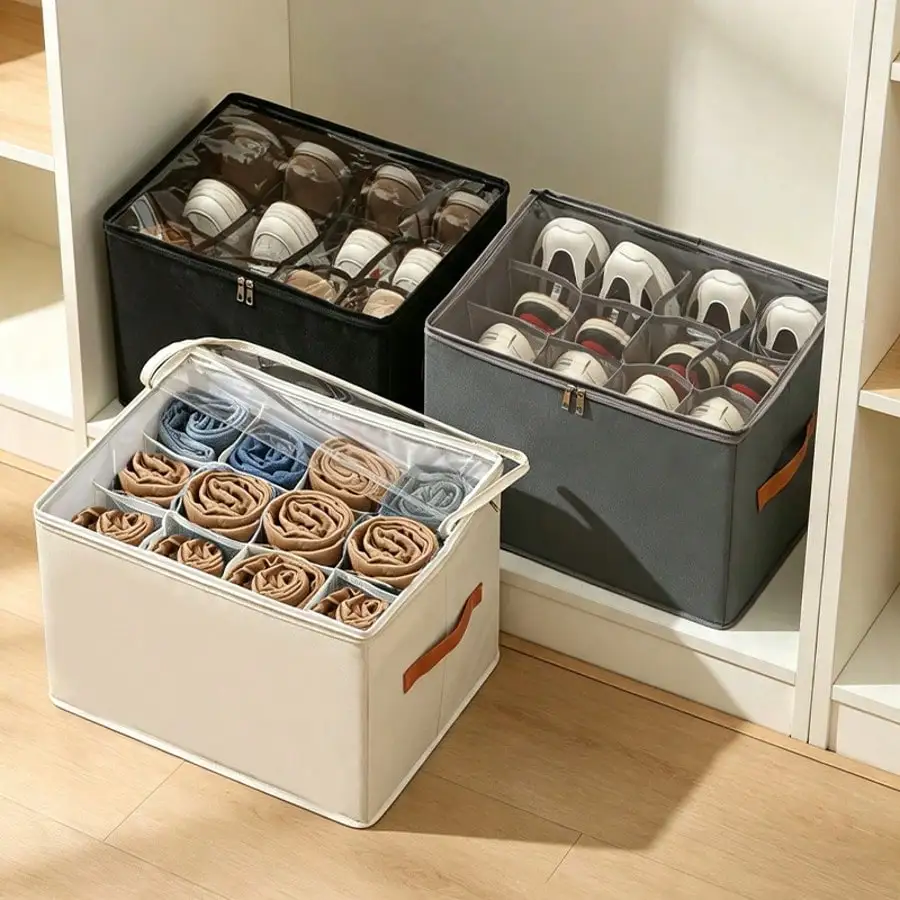 Lidded Shoe Storage Box, 12-Compartment Foldable Canvas Shoe Organizer, Compartmentalized Shoe Storage Box With Handles, Suitable For Wardrobes And Bedrooms, Ideal For Storing Shoes, Clothes, And Accessories
