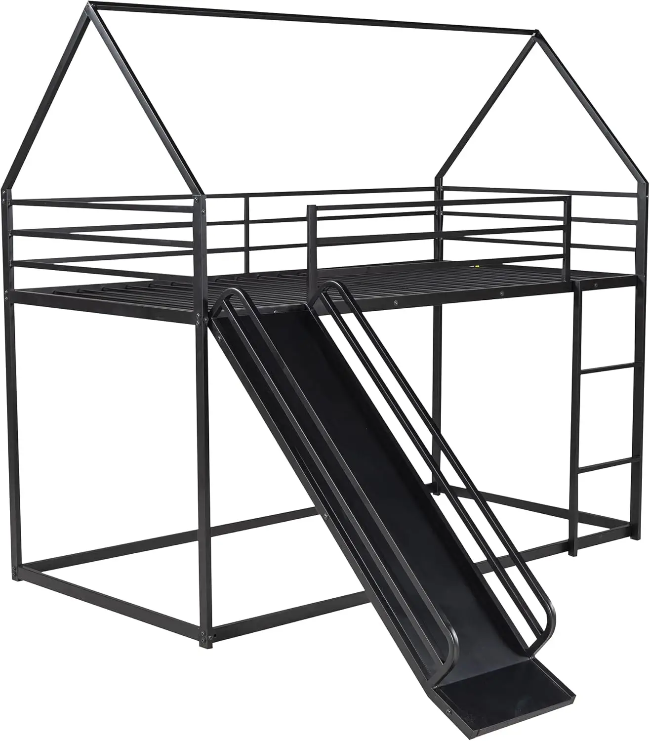 Bed met glijbaan en Twin Over Twin metalen stapelbedframe laag stapelbed voor kinderen, jongens, meisjes, tieners, zwart