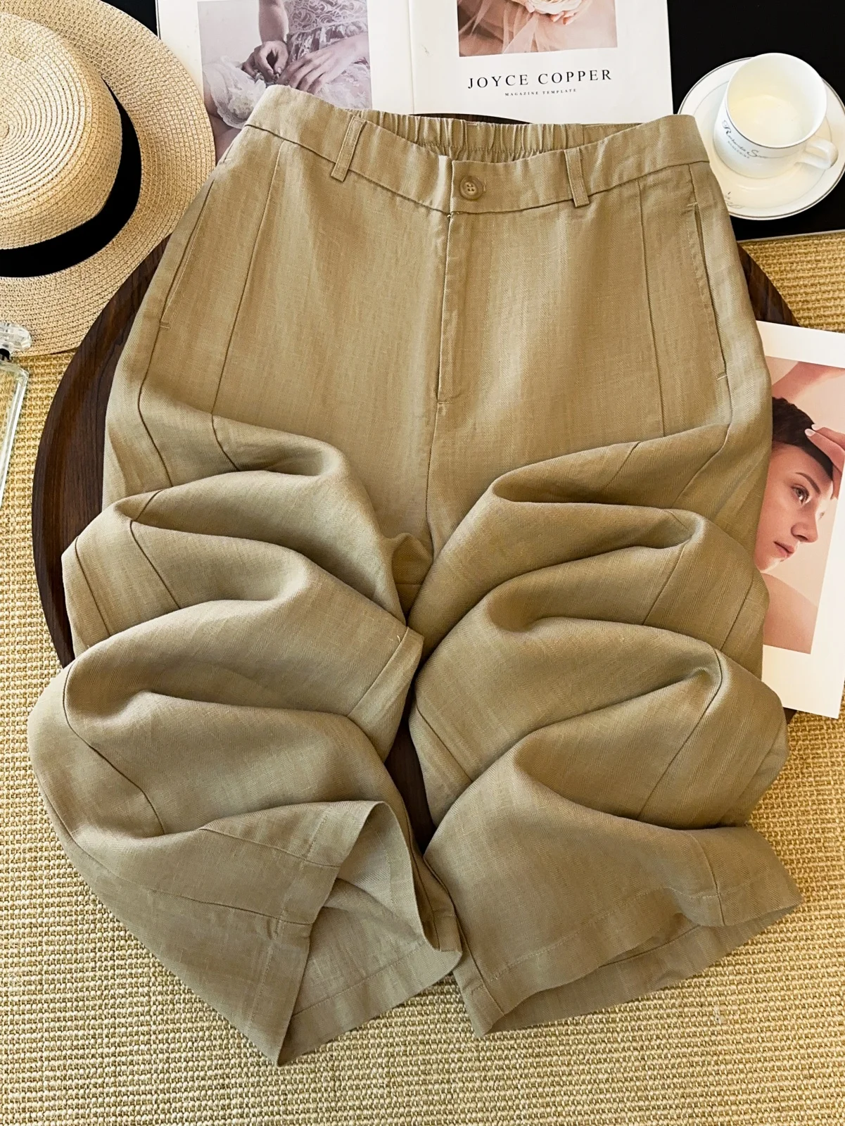 

Khaki Linen Wide Leg Pants Women Summer High Waist Draped Cotton Linen Long Pants Slimming Comfortable Straight Leg Pants