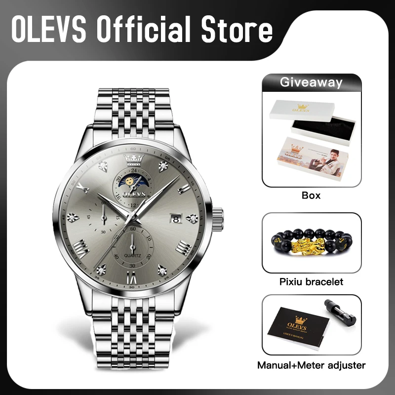 OLEVS 2925 Mens Watch Original Brand Quartz Wristwatch Waterproof Luminous Watches For Men Automatic DateThree Small Dial Reloj