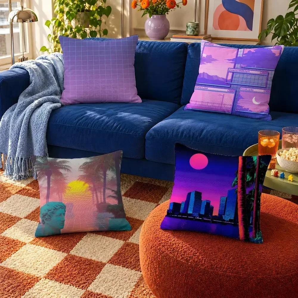 Roman Cover Throw Pillow Cover Neon Soft Grid Short Plush Case For Bust Sofa Bedroom Pink Cozy Home Decor Art Vaporwave