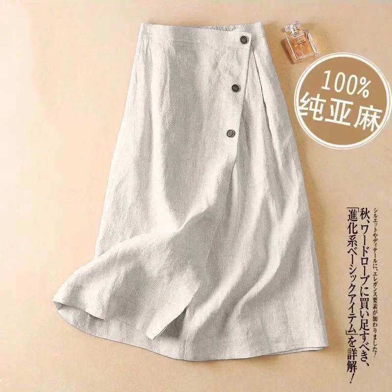 Women Linen Skirt Fashion Midi A-line Skirt Elegnt Pure Color High Waist Buttons Split Skirts for Women Street Summer Skirt