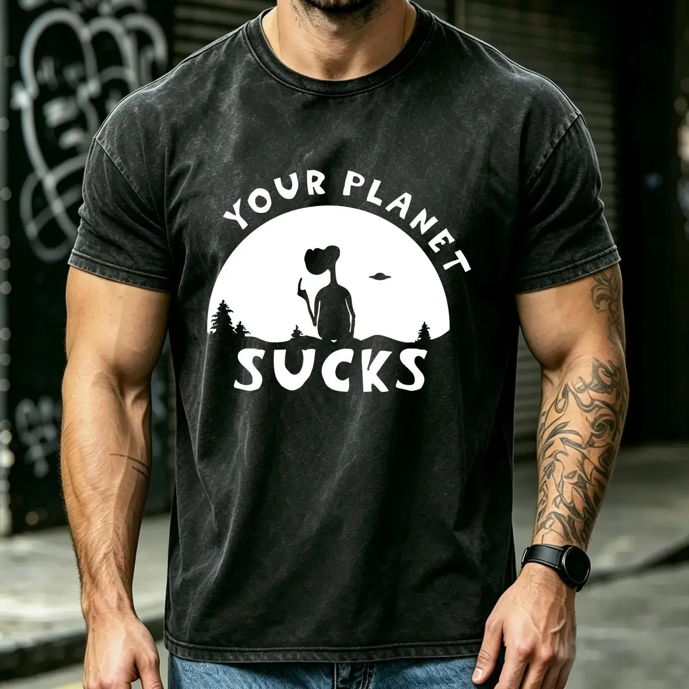 washed T Shirt FUNNY AREA 51 ALIEN MEN WITH YOUR PLANET SUCKS SHORT SLEEVE UFO NERD TEE long sleeves vintage Washed Unisex