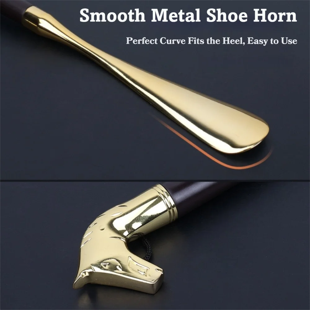Portable Shoe Lifter 32cm Length Alloy Wood Handle Shoehorn Lion Horse Head Design Handheld Metal Shoe Horn for Wearing Shoes